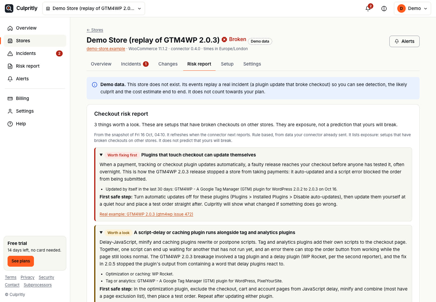 Culpritly checkout risk report listing plugin auto-updates and script-delay plugins as things worth fixing.